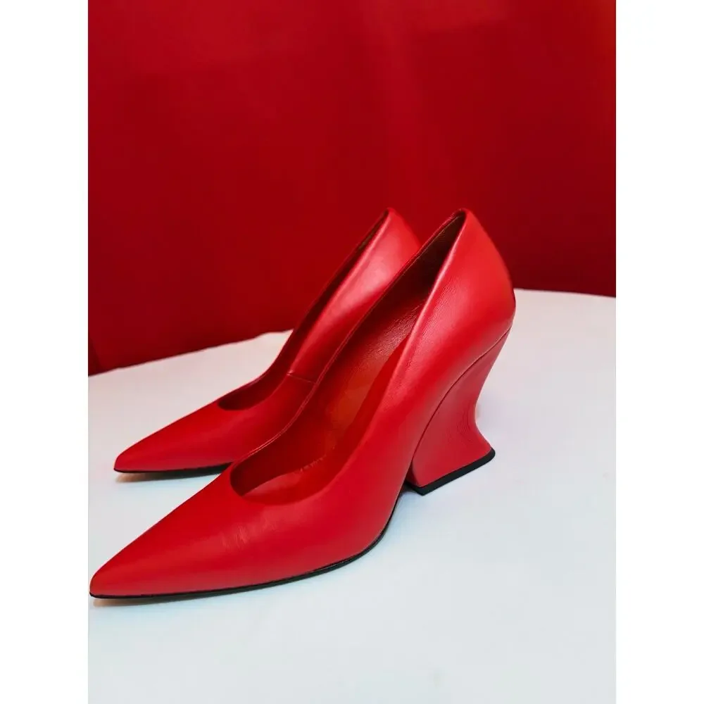 Sz 40 US 8.5 Italy Pumps Sheepskin Red 8 Yoox Wedge Pointed Toe Geometric Heel